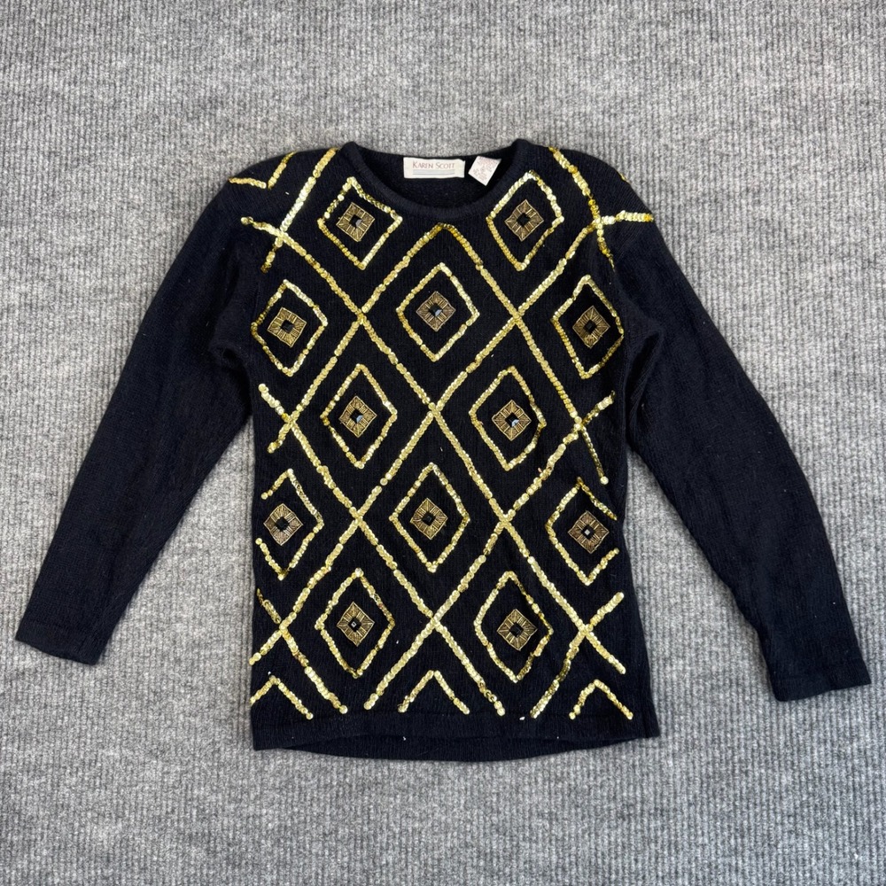 Vtg 90s Karen Scott Sweater Womens M Black Angora Silk Gold Sequin Beaded Glam